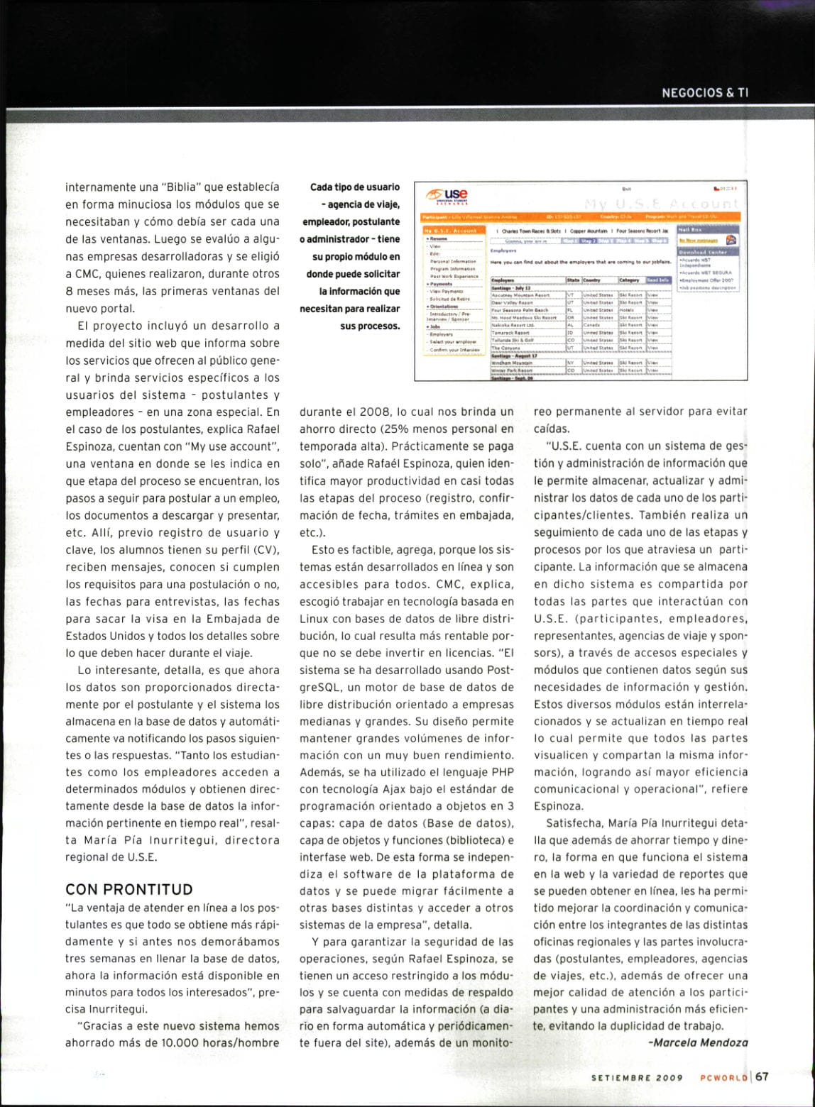 Cómo USE digitalizó el intercambio cultural y el entrenamiento profesional remunerado en Estados Unidos — PC World, 15/09/2009 (página 2 de 2)